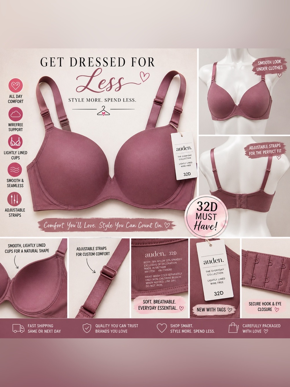 Auden Womens Wireless Bra 32D Mauve Lightly Lined Smooth Adjustable Comfort